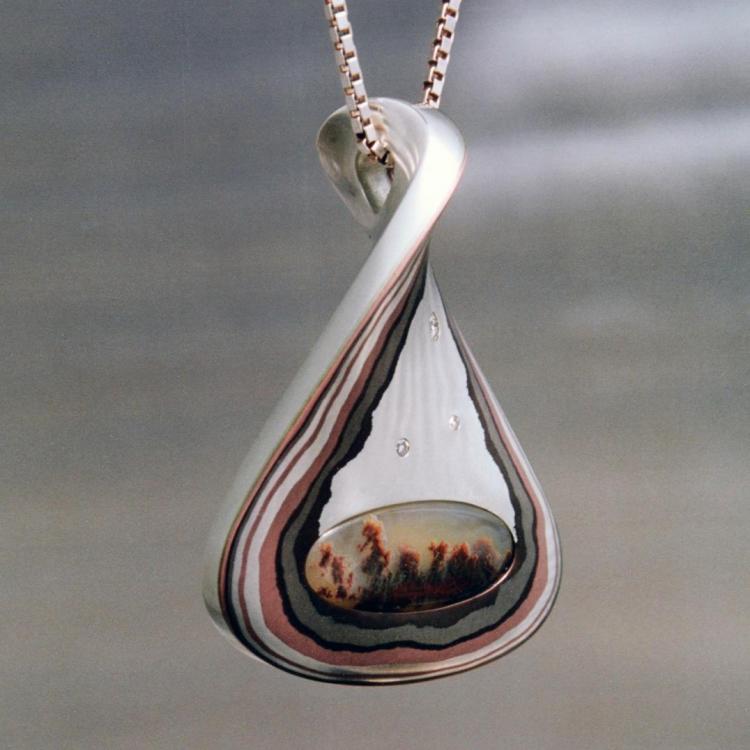 Mokume with Plume jasper and Diamonds