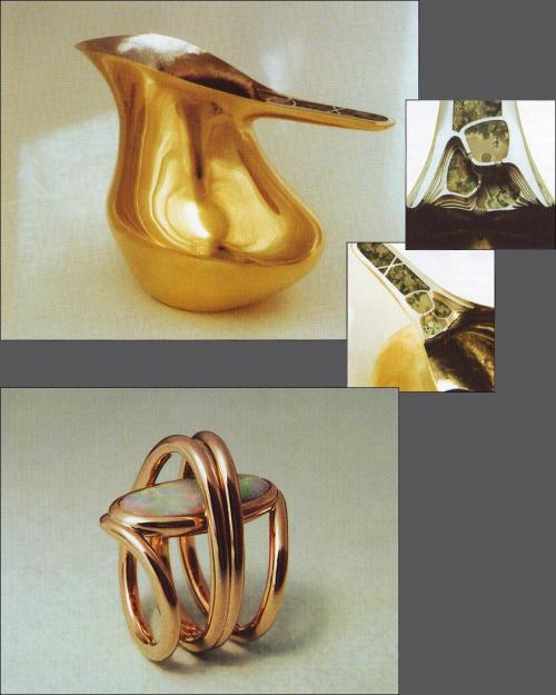 Inside page of the catalogue showing the Brass Water Pitcher (top) and Opal Ring in 14 k. yellow gold