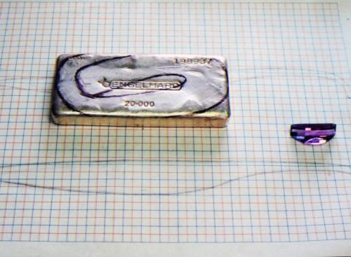 Raw materials: a 20 oz. ingot of pure silver, and a barrel-cut amethyst.
