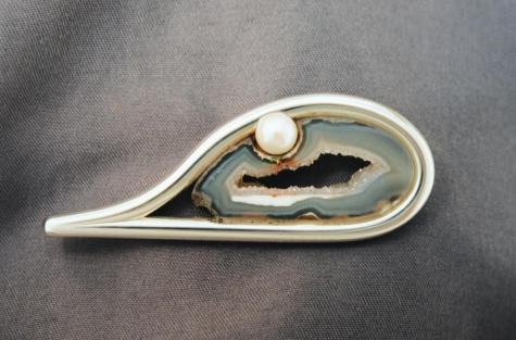 Geode Slice with Pearl Brooch